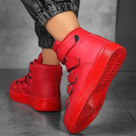 Hot OUKU Men's Red High-Top Velcro Sneakers with Non-Slip Sole - Stylish Casual Footwear