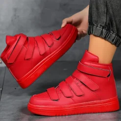 Hot OUKU Men's Red High-Top Velcro Sneakers with Non-Slip Sole - Stylish Casual Footwear