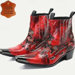 Hot OUKU Men's Snakeskin Leather Motorcycle Boots–Western Style Studded Pointed Toe Ankle Boots with Gold Tip Flame Cut-Out Design for Bold Fashion Red