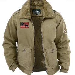 Outlet OUKU Men's Reindeer American US Flag Embroidered Fleece Jacket Cargo Jacket Long Sleeve Military Tactical Thermal Warm Coat Vintage Casual Style Cotton Bomber Jacket with Turn-down Collar khaki Army Green