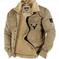OUKU Men's Reindeer Print Embroidered Fleece Jacket Sherpa Hunting Jacket Work Cargo Jacket Turn-Down Collar Warm Winter Cotton Jacket Vintage Casual Going Out Coat Multi-Pockets