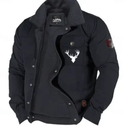 OUKU Men's Reindeer Print Embroidered Fleece Jacket Sherpa Hunting Jacket Work Cargo Jacket Turn-Down Collar Warm Winter Cotton Jacket Vintage Casual Going Out Coat Multi-Pockets