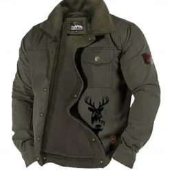 Discount OUKU Men's Reindeer Print Embroidered Fleece Jacket Sherpa Hunting Jacket Work Cargo Jacket Turn-Down Collar Warm Winter Cotton Jacket Vintage Casual Going Out Coat Multi-Pockets