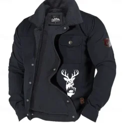 Discount OUKU Men's Reindeer Print Embroidered Fleece Jacket Sherpa Hunting Jacket Work Cargo Jacket Turn-Down Collar Warm Winter Cotton Jacket Vintage Casual Going Out Coat Multi-Pockets