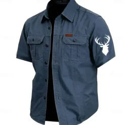 Best OUKU Men's Reindeer Work Shirt Western Shirt Cargo Shirt Short Sleeve Casual Tactical Sports Outdoor WorkWear Summer Spring Turndown Front Two Pockets Cotton Button Up Shirts Army Green Khaki Dark Blue