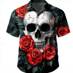 Hot OUKU Men's Retro Halloween Costumes Day of the Dead Shirt Summer Shirt Button Up Shirt Short Sleeve Dark Gothic Style Outdoor Holiday Summer Spring Turndown 3D Print Collared Shirts Black Dark Green