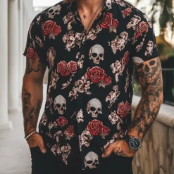 Hot OUKU Men's Retro Halloween Costumes Day of the Dead Shirt Summer Shirt Button Up Shirt Short Sleeve Dark Gothic Style Outdoor Holiday Summer Spring Turndown 3D Print Collared Shirts Black Dark Green