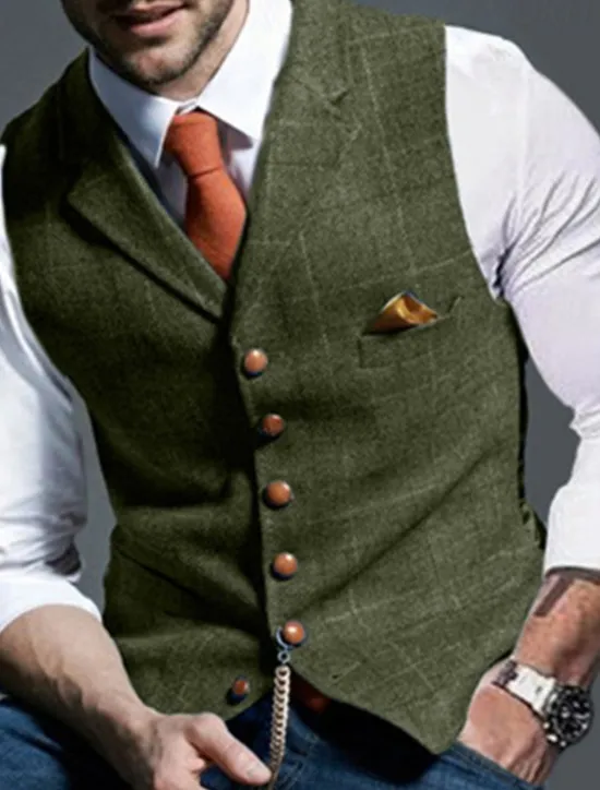 Outlet OUKU Men's Retro Vintage Vest Herringbone Tailored Fit Notch Single Breasted More-button Blue Green Khaki 2023