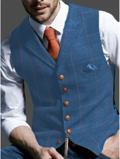 Outlet OUKU Men's Retro Vintage Vest Herringbone Tailored Fit Notch Single Breasted More-button Blue Green Khaki 2023