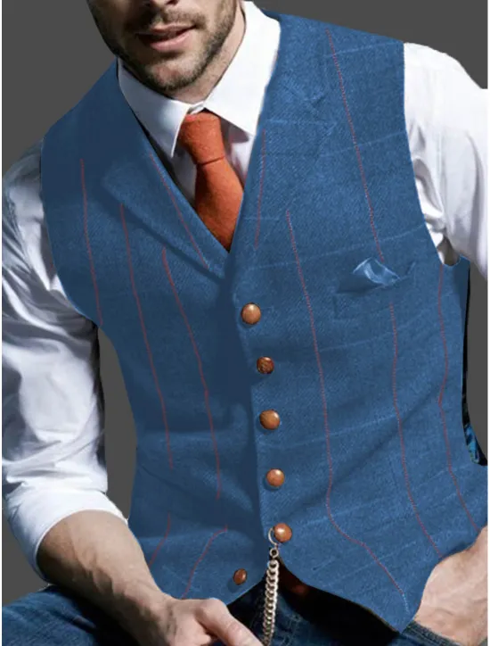 Outlet OUKU Men's Retro Vintage Vest Herringbone Tailored Fit Notch Single Breasted More-button Blue Green Khaki 2023
