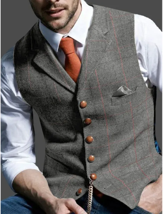 Outlet OUKU Men's Retro Vintage Vest Herringbone Tailored Fit Notch Single Breasted More-button Blue Green Khaki 2023