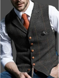 Outlet OUKU Men's Retro Vintage Vest Herringbone Tailored Fit Notch Single Breasted More-button Blue Green Khaki 2023