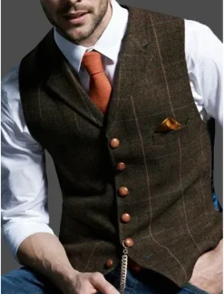 Outlet OUKU Men's Retro Vintage Vest Herringbone Tailored Fit Notch Single Breasted More-button Blue Green Khaki 2023