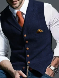 Outlet OUKU Men's Retro Vintage Vest Herringbone Tailored Fit Notch Single Breasted More-button Blue Green Khaki 2023