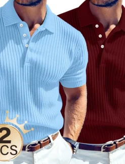 New OUKU Men's Rib Knit Top Vacation Casual Lapel Classic Short Sleeve Basic Modern Solid Colored Buttons Summer Blue + White Blue + Red Blue + Gray Blue + Navy Navy + white Rib Knit Top