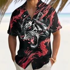 Sale OUKU Men's Roaring Animal Tiger Shirt Summer Shirt Button Up Shirt Short Sleeve Dark Outdoor Vacation Dailywear Summer Spring Turndown 3D Print Collared Shirts Front One Pocket Red Blue Gold Green