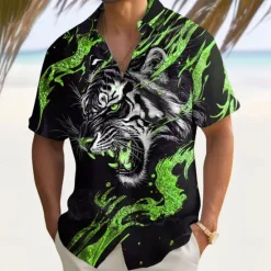 Sale OUKU Men's Roaring Animal Tiger Shirt Summer Shirt Button Up Shirt Short Sleeve Dark Outdoor Vacation Dailywear Summer Spring Turndown 3D Print Collared Shirts Front One Pocket Red Blue Gold Green