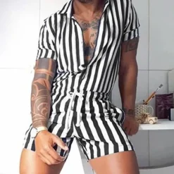 Online OUKU Men's Rompers Short Sleeve Jumpsuit with Pockets Stripe Drawstring Waist Shorts overall Comfort Breathable Daily Sports Streetwear