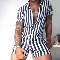 Online OUKU Men's Rompers Short Sleeve Jumpsuit with Pockets Stripe Drawstring Waist Shorts overall Comfort Breathable Daily Sports Streetwear