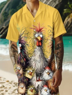 Best OUKU Men's Rooster 2pcs Shirts Sets Summer Tops Short Sleeve Short Pants Cuban Collar Vacation Casual Daily Party Casual Daily 3D Print Summer Robin's Egg Blue White Yellow
