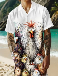 Best OUKU Men's Rooster 2pcs Shirts Sets Summer Tops Short Sleeve Short Pants Cuban Collar Vacation Casual Daily Party Casual Daily 3D Print Summer Robin's Egg Blue White Yellow