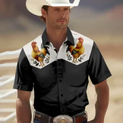 Hot OUKU Men's Rooster Shirt Western Shirt Cowboy Shirt Short Sleeve Western Style Outdoor Summer Spring Shirt Collar Black Khaki