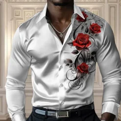 OUKU Men's Rose Casual Shirt Button Up Shirt Long Sleeve Fashion Casual Party Casual Spring Fall Turndown Button Up Black Yellow Red Blue