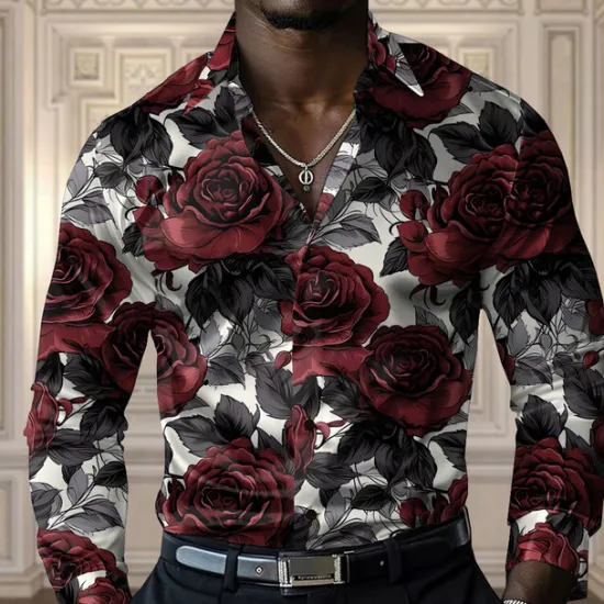 Sale OUKU Men's Rose Casual Shirt Button Up Shirt Long Sleeve Fashion Casual Party Casual Spring Fall Turndown Button Up Yellow Red Blue Purple