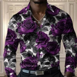 Sale OUKU Men's Rose Casual Shirt Button Up Shirt Long Sleeve Fashion Casual Party Casual Spring Fall Turndown Button Up Yellow Red Blue Purple
