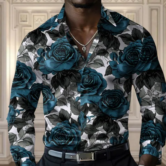 Sale OUKU Men's Rose Casual Shirt Button Up Shirt Long Sleeve Fashion Casual Party Casual Spring Fall Turndown Button Up Yellow Red Blue Purple