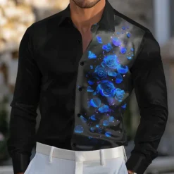 OUKU Men's Rose Floral / Flower Satin Shirt Dress Shirt Button Up Shirt Long Sleeve Fashion Casual Wedding Vacation Evening Party Summer Spring Turndown Collared Shirts 3D Print Yellow Red Blue Purple