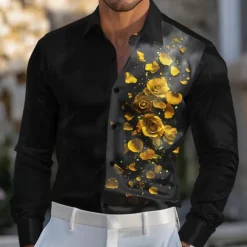 OUKU Men's Rose Floral / Flower Satin Shirt Dress Shirt Button Up Shirt Long Sleeve Fashion Casual Wedding Vacation Evening Party Summer Spring Turndown Collared Shirts 3D Print Yellow Red Blue Purple