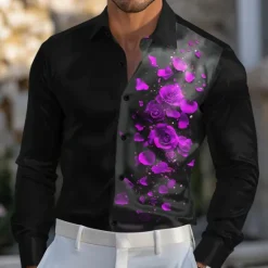 OUKU Men's Rose Floral / Flower Satin Shirt Dress Shirt Button Up Shirt Long Sleeve Fashion Casual Wedding Vacation Evening Party Summer Spring Turndown Collared Shirts 3D Print Yellow Red Blue Purple