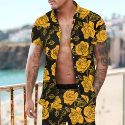 Clearance OUKU Men's Rose Floral 2pcs Shirts Sets Summer Hawaiian Shirt Short Sleeve Short Pants Turndown Fashion Hawaiian Designer Outdoor Vacation Beach 3D Print Button-Down Summer Spring Yellow Red Purple