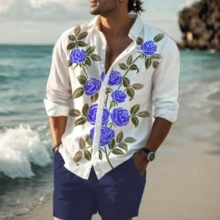 Discount OUKU Men's Rose Shirt Western Shirt Cowboy Shirt Long Sleeve Hawaiian Casual Daily Wear Going out Spring Turndown Print Button-Down Red Blue Purple Orange