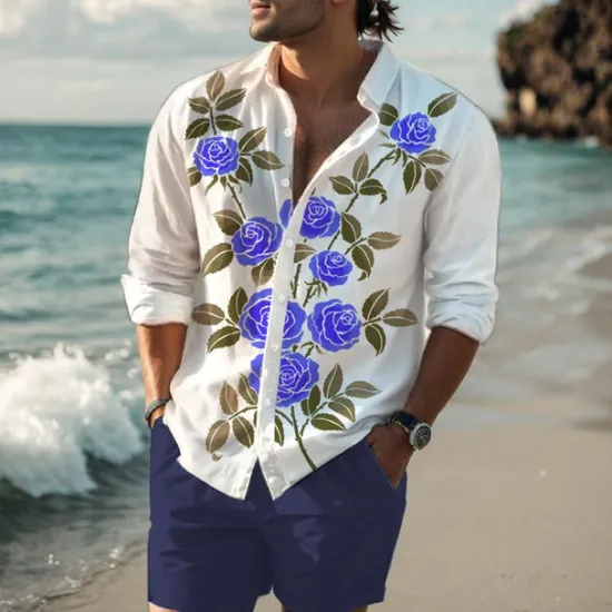 Discount OUKU Men's Rose Shirt Western Shirt Cowboy Shirt Long Sleeve Hawaiian Casual Daily Wear Going out Spring Turndown Print Button-Down Red Blue Purple Orange