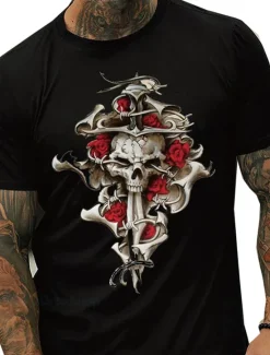 Outlet OUKU Men's Rose Skull Graphic Prints T Shirt Graphic Tee 100% Cotton Short Sleeve Graphic Shirt Black White Navy Blue Comfortable Tee Vacation Street Fashion Designer Clothing