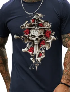 Outlet OUKU Men's Rose Skull Graphic Prints T Shirt Graphic Tee 100% Cotton Short Sleeve Graphic Shirt Black White Navy Blue Comfortable Tee Vacation Street Fashion Designer Clothing