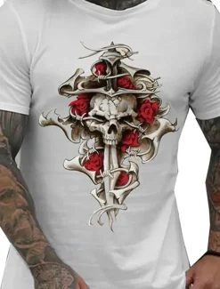 Outlet OUKU Men's Rose Skull Graphic Prints T Shirt Graphic Tee 100% Cotton Short Sleeve Graphic Shirt Black White Navy Blue Comfortable Tee Vacation Street Fashion Designer Clothing