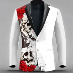 OUKU Men's Rose Skull Long Sleeve Turndown Artistic Party Evening Wear Dailywear Buttons 3D Print Multi Pocket White