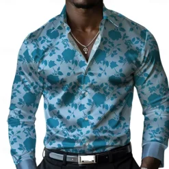 Hot OUKU Men's Satin Shirt Dress Shirt Button Up Shirt Floral Formal Vacation Yellow Blue Long Sleeve Turndown Summer Spring Clothing Apparel Buttons