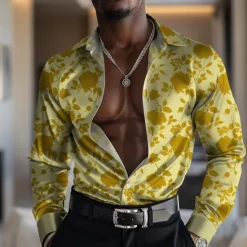 Hot OUKU Men's Satin Shirt Dress Shirt Button Up Shirt Floral Formal Vacation Yellow Blue Long Sleeve Turndown Summer Spring Clothing Apparel Buttons