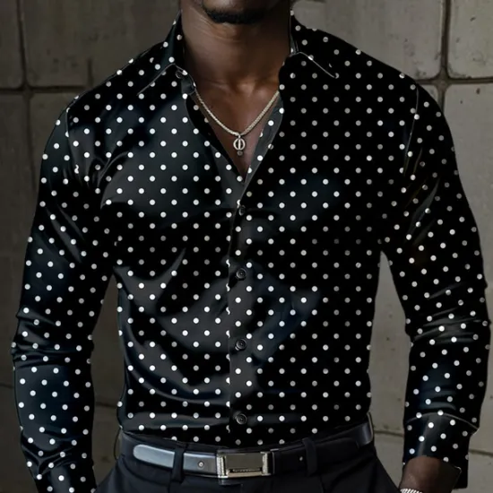 Online OUKU Men's Satin Shirt Dress Shirt Button Up Shirt Polka Dot Vacation Daily Black Blue Long Sleeve Turndown Summer Spring Clothing Apparel Buttons