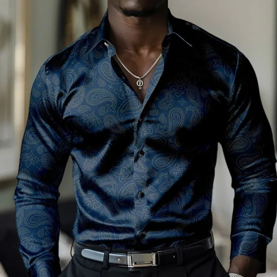 OUKU Men's Satin Shirt Dress Shirt Button Up Shirt Paisley Vacation Daily Black Yellow Red Blue Long Sleeve Turndown Fall Spring & Summer Clothing Apparel Button Up