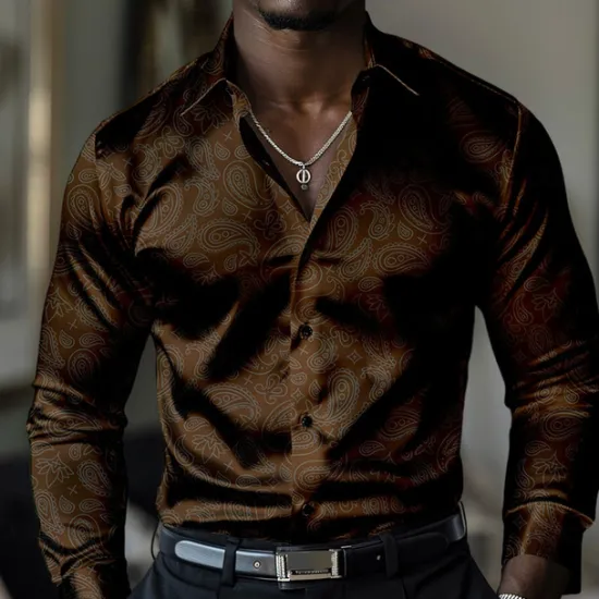 OUKU Men's Satin Shirt Dress Shirt Button Up Shirt Paisley Vacation Daily Black Yellow Red Blue Long Sleeve Turndown Fall Spring & Summer Clothing Apparel Button Up
