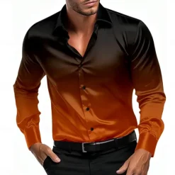Clearance OUKU Men's Satin Shirt Dress Shirt Button Up Shirt Formal Vacation Pink Blue Orange Green Long Sleeve Turndown Summer Spring Clothing Apparel Buttons