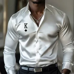 Outlet OUKU Men's Satin Shirt Dress Shirt Button Up Shirt Vacation Party Black White Yellow Pink Long Sleeve Turndown Fall Spring & Summer Clothing Apparel Print