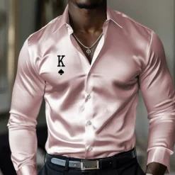 Outlet OUKU Men's Satin Shirt Dress Shirt Button Up Shirt Vacation Party Black White Yellow Pink Long Sleeve Turndown Fall Spring & Summer Clothing Apparel Print
