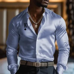Outlet OUKU Men's Satin Shirt Dress Shirt Button Up Shirt Vacation Party Black White Yellow Pink Long Sleeve Turndown Fall Spring & Summer Clothing Apparel Print