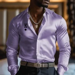 Outlet OUKU Men's Satin Shirt Dress Shirt Button Up Shirt Vacation Party Black White Yellow Pink Long Sleeve Turndown Fall Spring & Summer Clothing Apparel Print